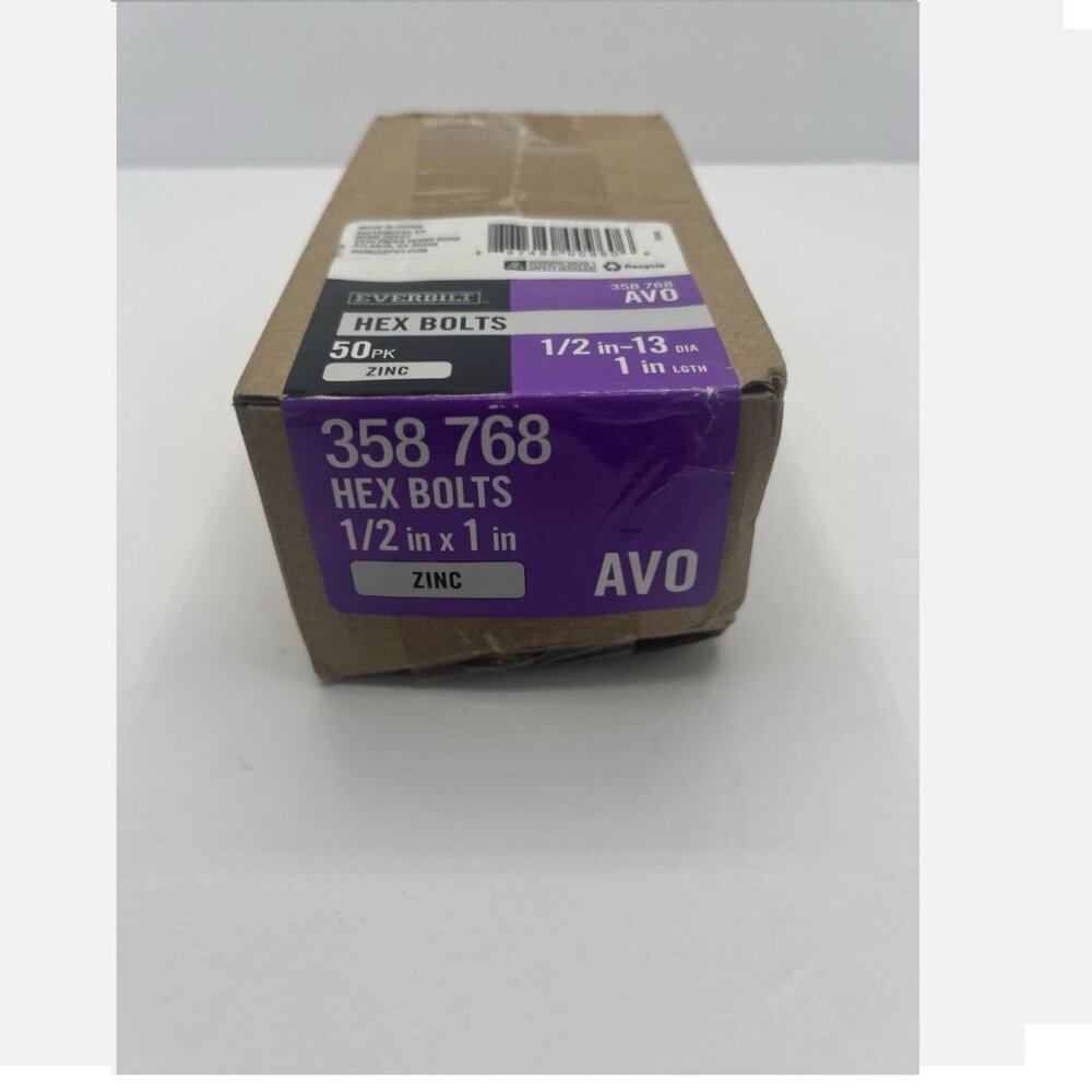 (50-Pk) Everbilt Hex Bolt Zinc Plated 1/2"-13 x 1" 358768